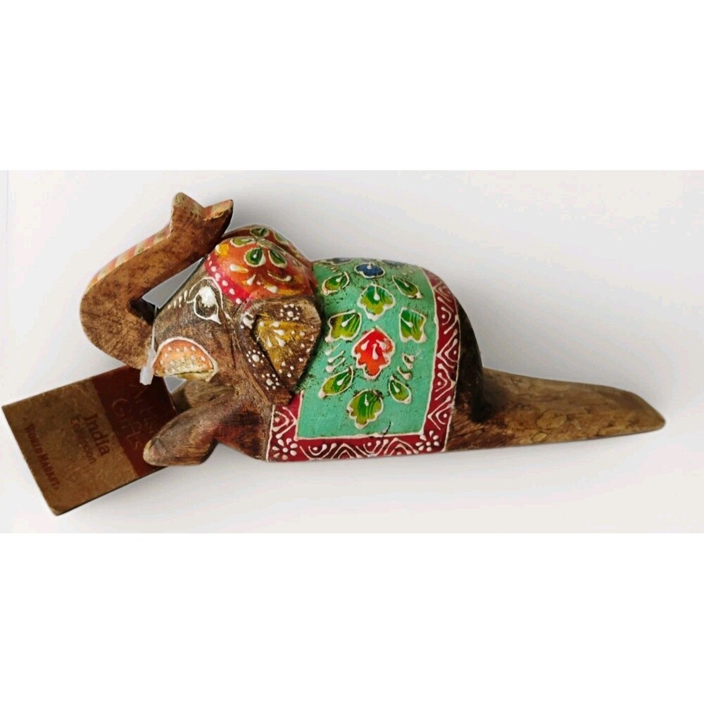 World Market India Collection Wooden Elephant Doorstop Hand Painted Wedge Vtg